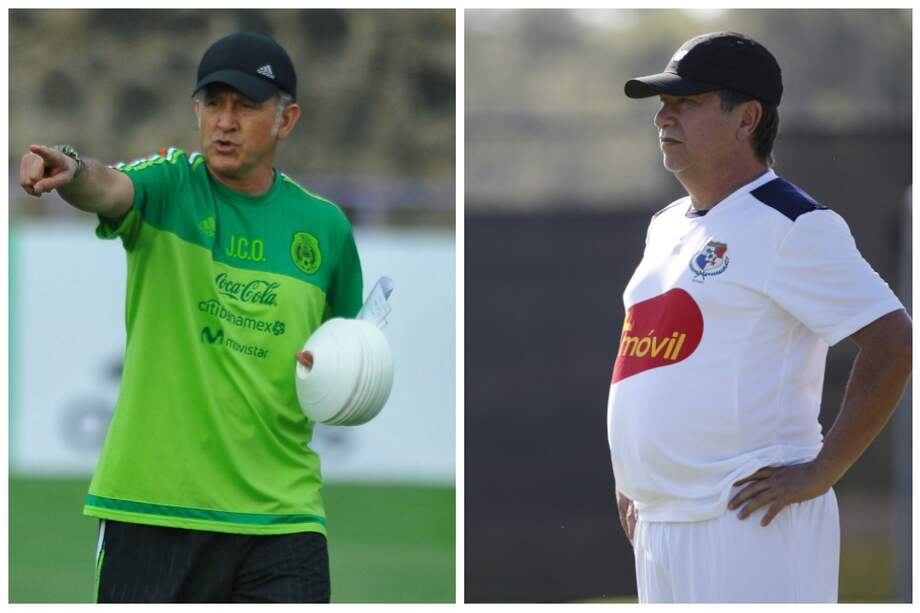 Juan Carlos Osorio (izq.) y Hernán Darío "El Bolillo" Gómez, técnicos colombianos que ya aseguraron su cupo a Rusia 2018. / AFP