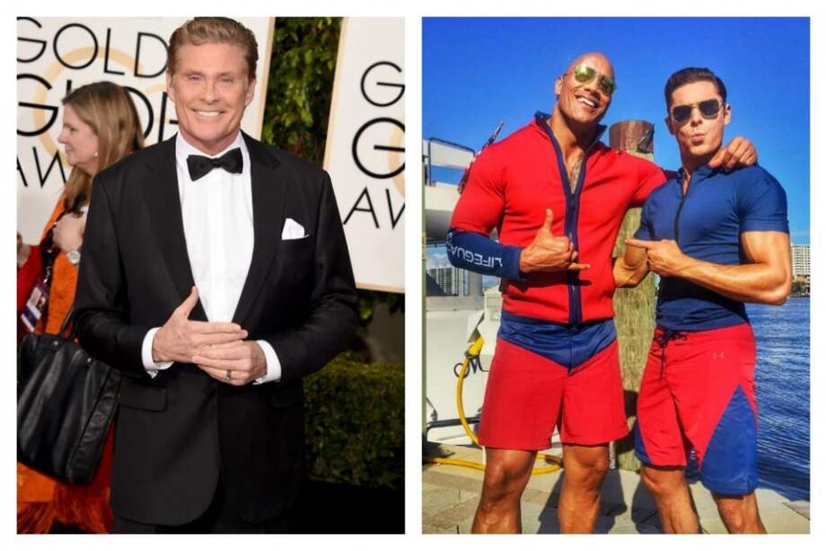 Los actores David Hasselhoff, Dwayne Johnson y Zac Efron.