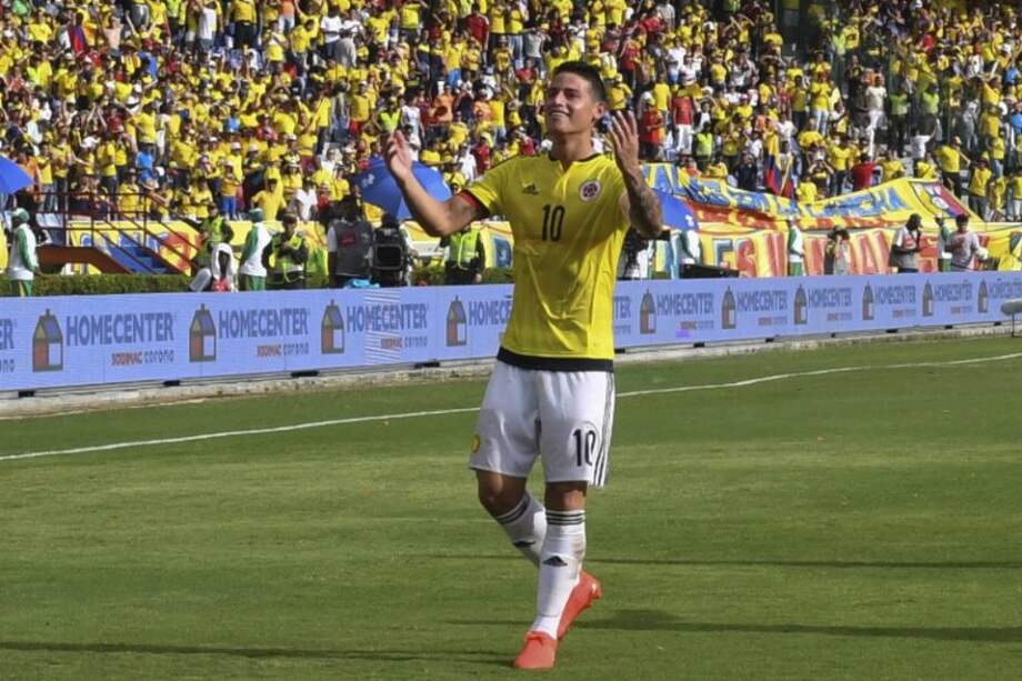 James Rodríguez celebrando su gol en el partido que Colombia le ganó 2-0 a Venezuela. / AFP