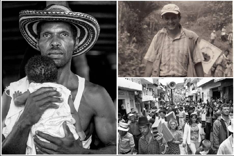 Collage de imágenes: Eugenio Palacio regresa a Bojayá con su hija Patricia de tres meses después de la tragedia en la iglesia de Bellavista (Bojayá, Chocó, septiembre de 2002), el fotógrafo Jesús Abad Colorado; y Marcha de los ladrillos en Granada, Antioquia (2001), realizada ddiez meses después de la toma de las Farc que destruyó cerca de 250 viviendas y dejó 5 policías y 18 civiles muertos, la población con apoyo de la gobernación de Antioquia, realizó la marcha del ladrillo para reconstruir su pueblo. / Cortesía