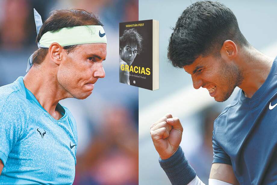 Los tenistas españoles Rafael Nadal y Carlos Alcaraz, y en medio la portada del nuevo libro sobre Nadal, que cuenta la historia de cómo uno hereda el trono del otro en la cima del llamado deporte blanco.
