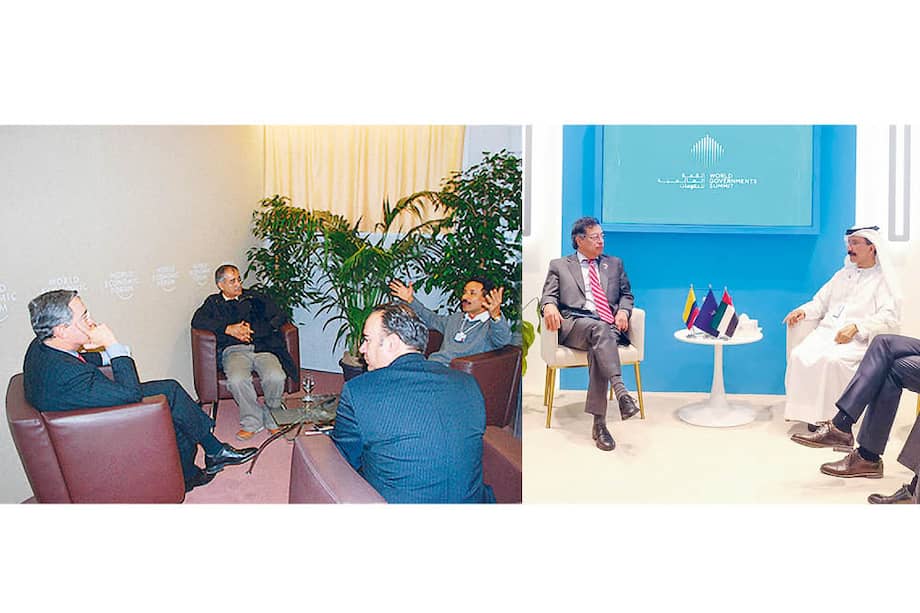 El sultán Ahmed bin Sulayem (foto izquierda, extremo der.) con el presidente Álvaro Uribe en Suiza, 2009. A la derecha, el sultán con el presidente Gustavo Petro en Dubái, 2025.