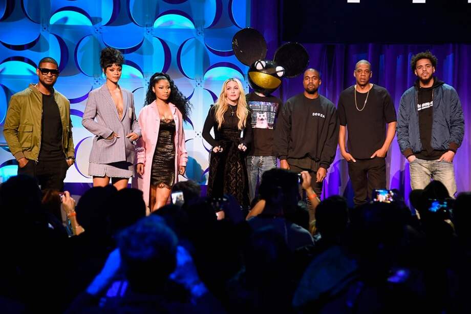 Usher, Rihanna, Nicki Minaj, Madonna, Deadmau5, Kanye West, JAY Z, y J. Cole en el lanzamiento de la plataforma Tidal. / AFP