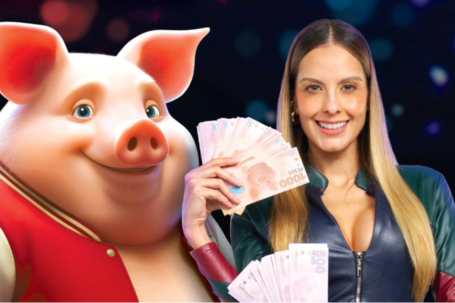 Laura Acuña junto a Fortunato, el marranito de 'La danza de los millones' (Caracol Televisión, 2025).