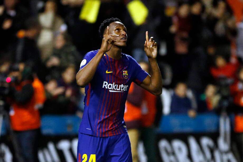 Yerry Mina celebra su gol desde la definición desde el punto penal contra el Espanyol. / Barcelona FC