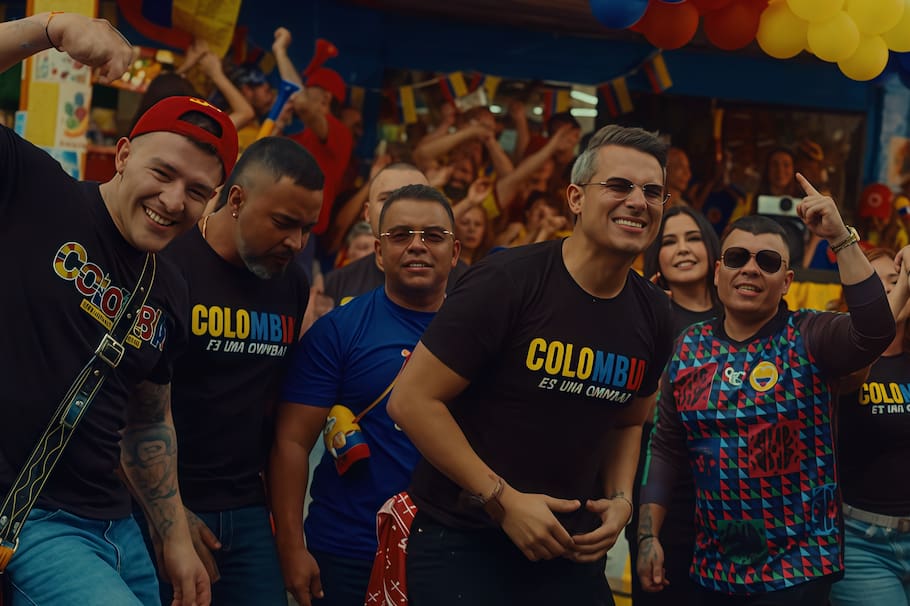 Luis Alfonso, Jhon Alex Castaño, Luisito Muñoz, Pipe Bueno, Arelys Henao, Alzate y Francy en el videoclip de 'Te quiero ver campeón', canción para la selección Colombia.