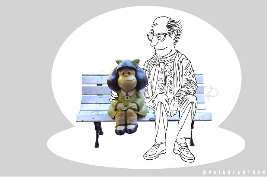 En la ilustración, Joaquín Salvador Lavado (Quino) al lado de la estatua de Mafalda en el barrio San Telmo, en Buenos Aires. / Ilustración - Patán