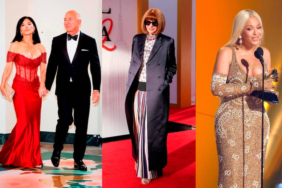 Combo de fotografías de archivo donde aparece Jeff Bezos y su esposa Lauren Sánchez (i), la directora editorial global de Vogue, Anna Wintour (c), y la cantante y compositora Beyoncé. / EFE/EPA/T. Shen /O.Guzmán /C. Brehman/ ARCHIVO