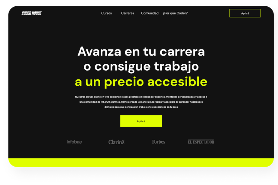 Actualmente Coderhouse brinda una oferta de 15 cursos y siete carreras.