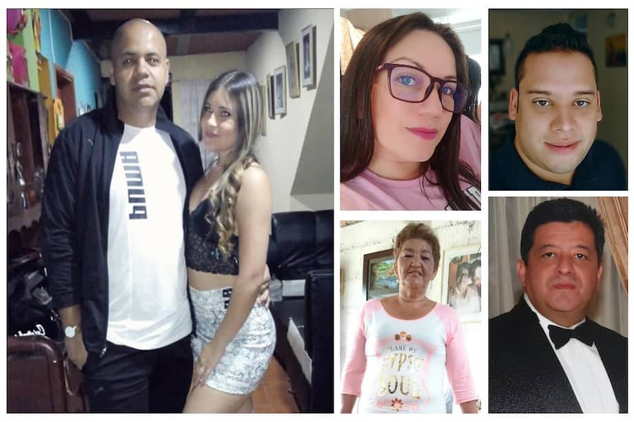 La pareja Cristian Orozco y Luisa Fernanda Monsalve (imagen principal) iba junto a Mary Vargas (centro abajo) junto a sus dos hijos menores de edad, mientras que las otras tres víctimas fueron Alejandra Soler, su pareja Sebastián Vargas Esteban y su suegro Carlos Vargas.