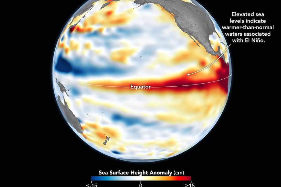El 8 de junio de 2026 se observan niveles del mar superiores a lo normal (en rojo) en el Pacífico central y oriental.