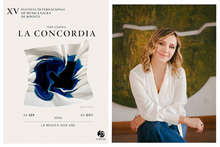 A la izquierda, la imagen que anunció el Festival de Música Sacra de 2026, que esta vez cuenta con la obra de Miler Lagos. A la derecha, Mariana Pietrowska, directora del festival.