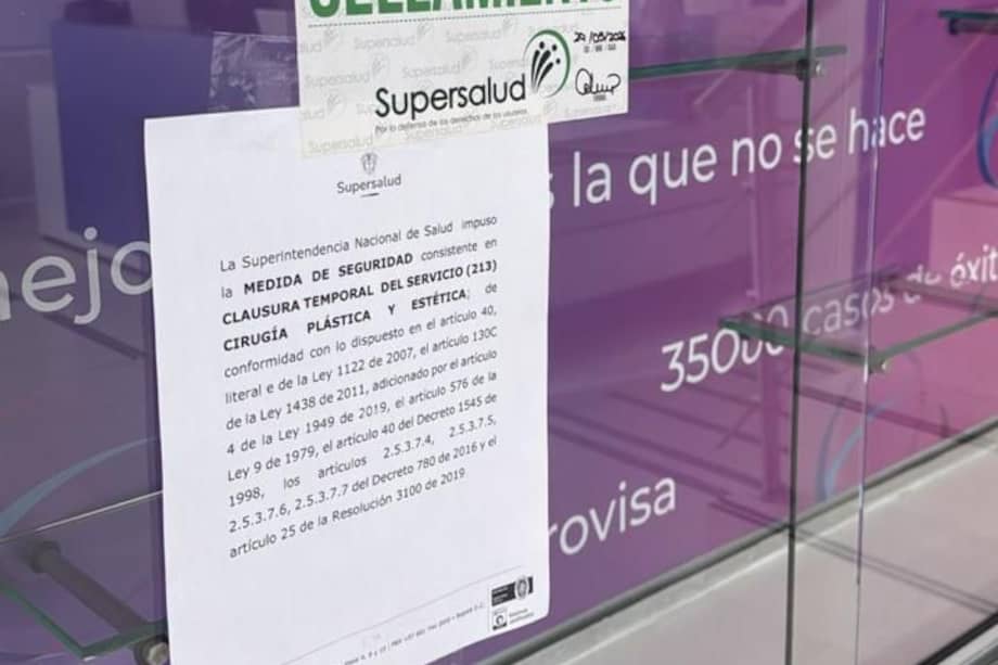 La Superintendencia Nacional de Salud ordenó el cierre temporal del servicio de cirugía plástica y estética en una de las clínicas vinculadas al médico Gabriel Cubillos. /Supersalud