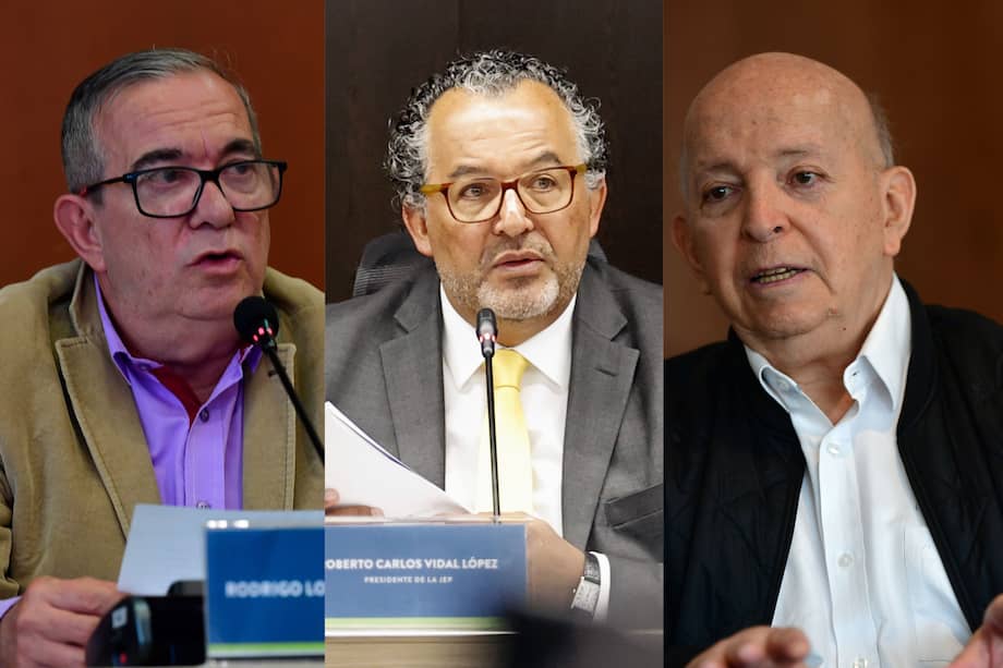 Rodrigo Londoño, presidente de Comunes y firmante de paz; Roberto Vidal, presidente de la JEP; Otty Patiño, consejero comisionado de la paz.