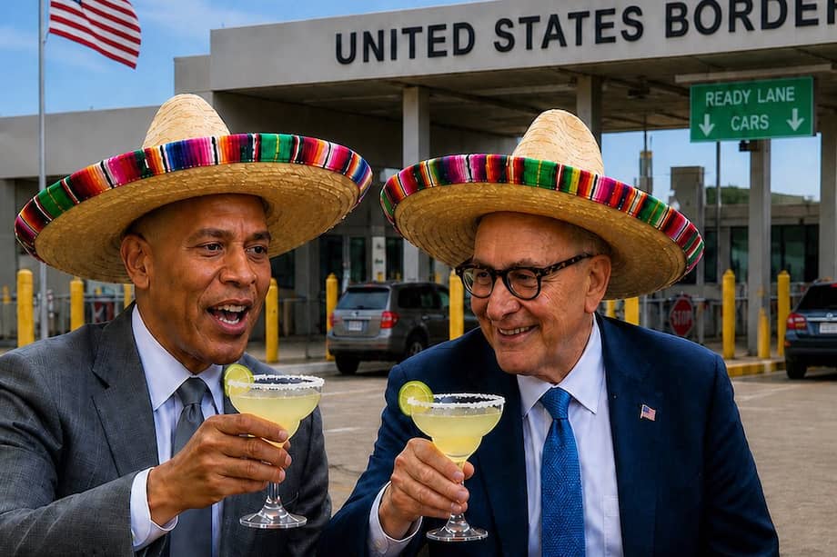 La Casa Blanca publicó una imagen realizada con inteligencia artificial en la que se ve a los líderes demócratas en el Congreso, Hakeem Jeffries y Chuck Schumer, en la frontera de México y Estados Unidos, con insignias mexicanas y un letrero que dice: “Amo a los inmigrantes ilegales”.