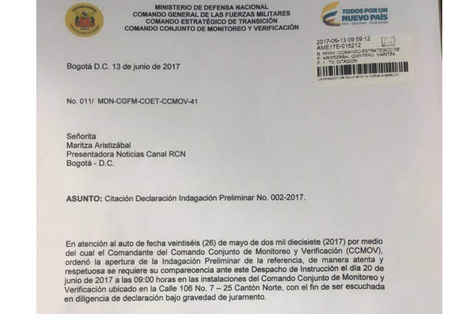 Este es el documento en el que el Comando Conjunto de Monitoreo y Verificación cita a la periodista Maritza Aristizábal. / Tomado del Twitter de Claudia Gurisatti. @CGurisattiNTN24