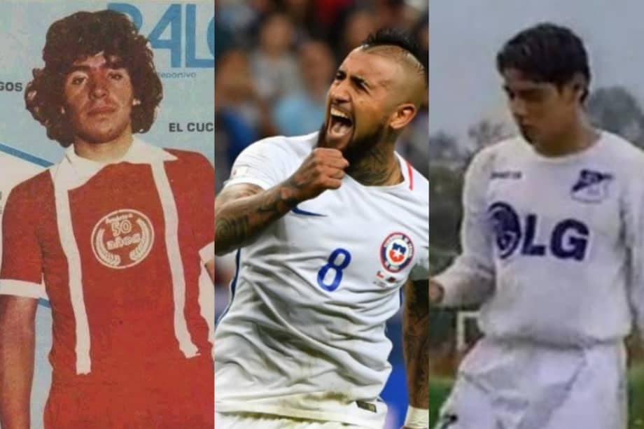 Diego Maradona con la camiseta de América de Cali en 1979; Arturo Vidal, el casi fichaje de América en 2024, y Falcao, en las inferiores de Millonarios durante el 2000.