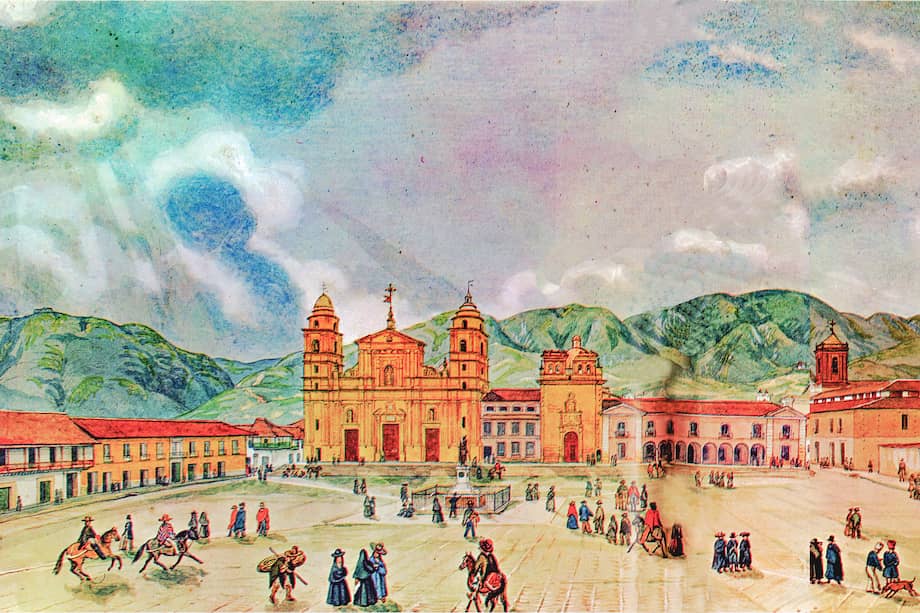 Este era el aspecto de la Plaza Mayor de Bogotá, Nueva Granada.
Fuente: Joaquín Piñeros Corpas. Acuarelas de Mark-Colombia