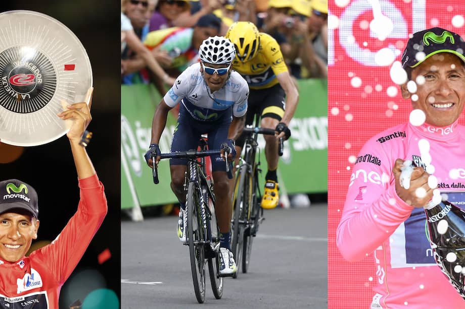 Fotografías de archivo que muestra al ciclista colombiano Nairo Quintana levantando el trofeo en la vuelta a España 2016 (i), compitiendo en el tour de Francia 2025 (c) y celebrando en el podio del Giro de Italia 2014 (d).