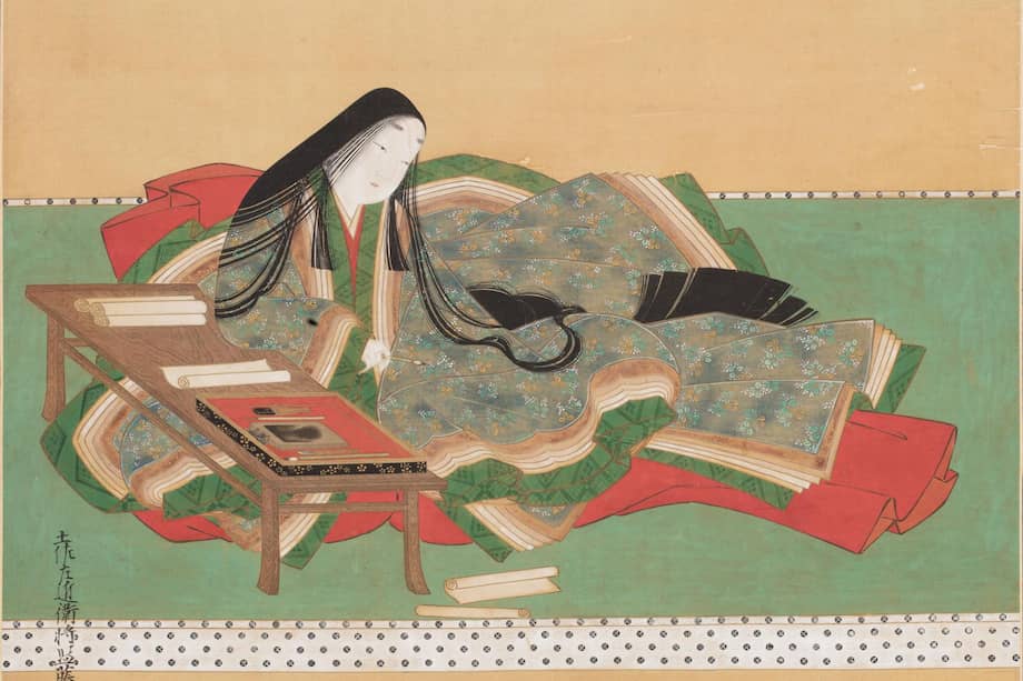 Pintura de Murasaki Shikibu escribiendo La historia de Genji. Autor Mitsuoki Tosa (1617-1691) / Dominio público