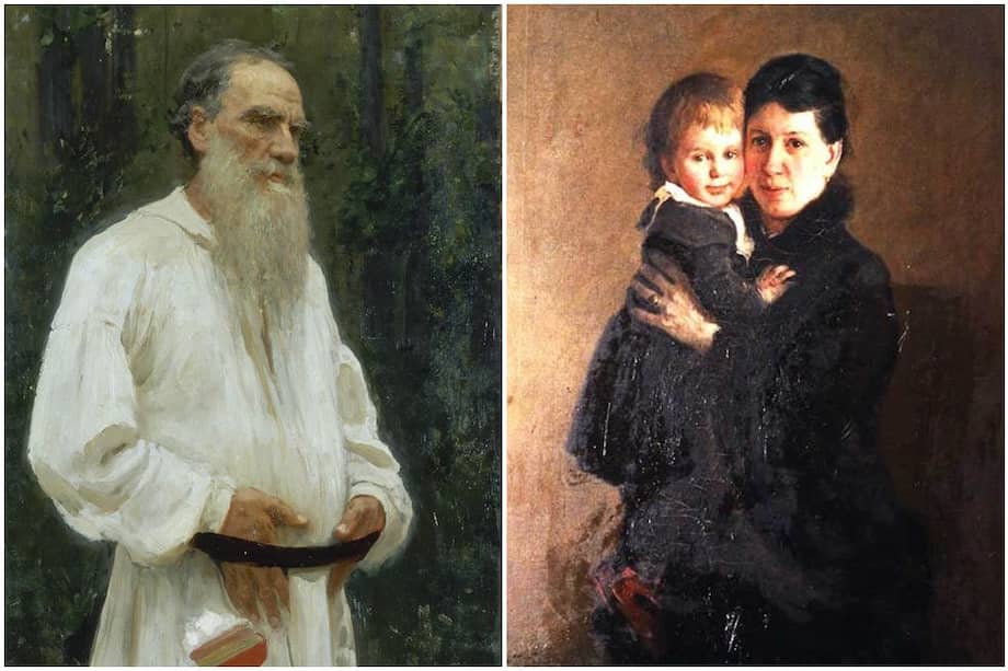León Tolstói en una pintura de Ilya Repin en 1901. En el otro retrato, Sofía Tolstaya y Alexandra (uno de sus hijos).