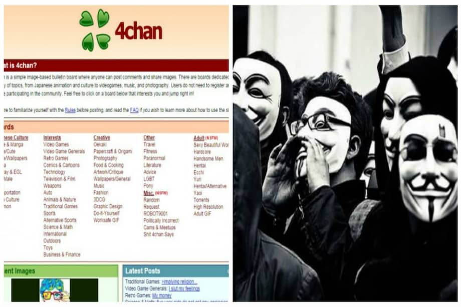 El sitio web de 4chan, junto con el símbolo de la organización Anonymous.