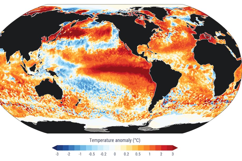 Anomalías en la temperatura de la superficie del mar para el 22 de agosto de 2026.
