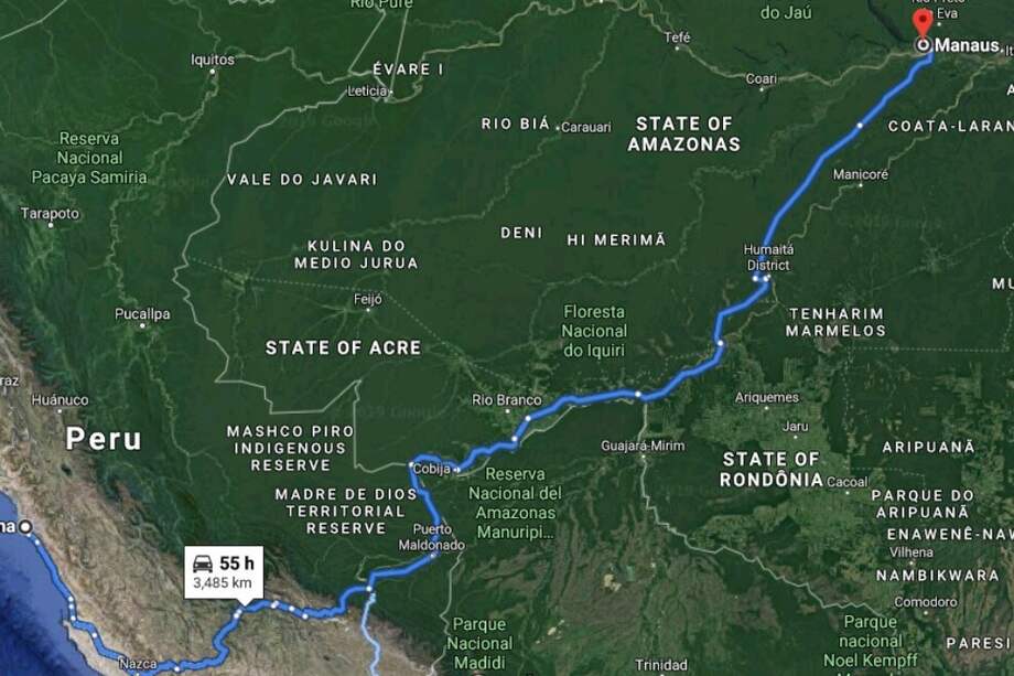 Trazado de la carretera BR-319 que conecta Brasil con Perú.