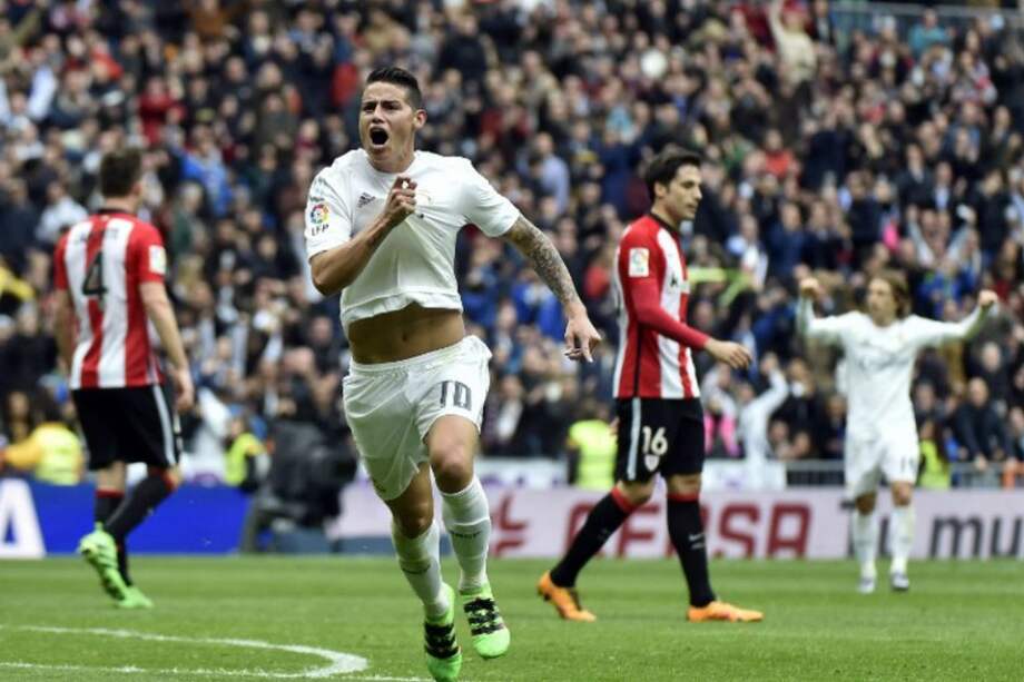 James anotó en la victoria 4-2 de Real Madrid sobre Athletic de Bilbao. / AFP
