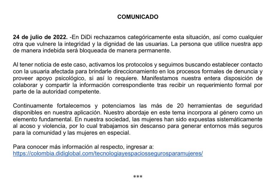 La empresa Didi señaló en un comunicado que está presta a dar toda la información necesaria, cuando reciba un requerimiento formal.