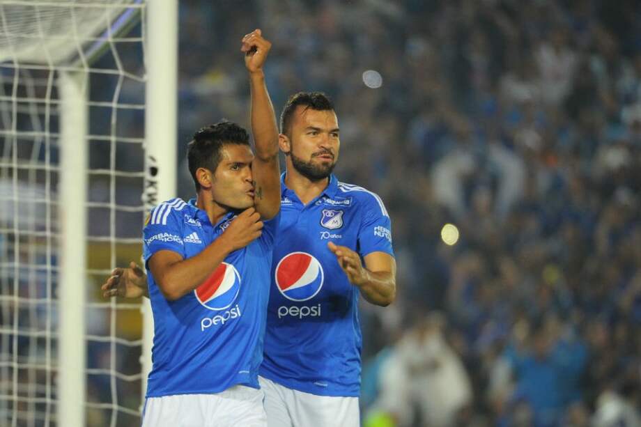 Macallister Silva celebra el segundo tanto de Millonarios contra Nacional. Foto: Cristian Garavito