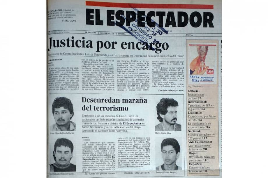 Portada de El Espectador del 23 de septiembre de 1989, que registra la captura del segundo grupo de presuntos asesinos de Galán.