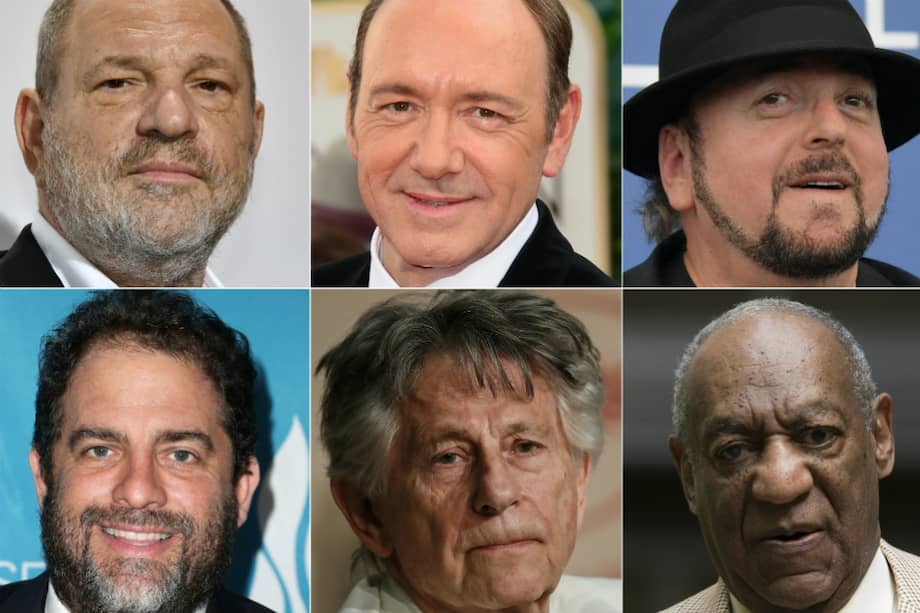 (Izq. a der. desde arriba): el productor de cine estadounidense Harvey Weinstein, el actor Kevin Spacey, el director James Toback, el productor Brett Ratner, el director franco-polaco Roman Polanski y el comediante Bill Cosby. / AFP