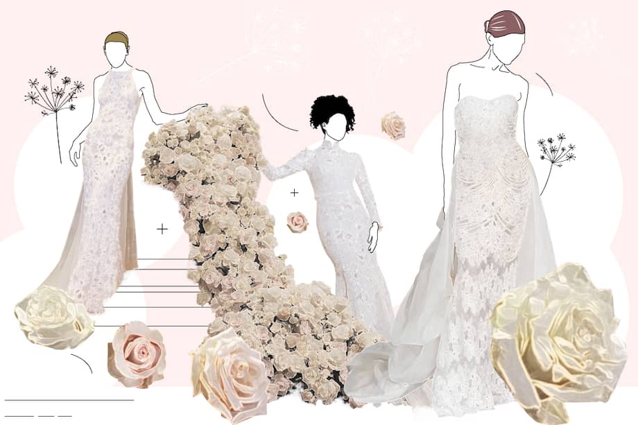 La colección de novias para el otoño de 2026 de la diseñadora Francesca Miranda está inspirada en las rosas. / Cortesía Francesca Miranda - Ilustraciones: Jonathan Bejarano
