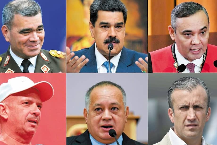 General Vladimiro Padrino (izq. sup.), Nicolás Maduro y Maikel Moreno. Abajo el general (r) Hugo Carvajal (izq.), Diosdado Cabello y Tareck El Aissami. / Fotos AFP