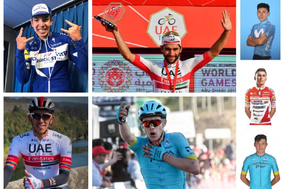 Arriba: Álvaro Hodeg, Fernando Gaviria y Éiner Rubio. Abajo: Sebastián Molano, Miguel Á. López, Jonathan Restrepo y Rodrigo Contreras. / AFP, EFE y equipos