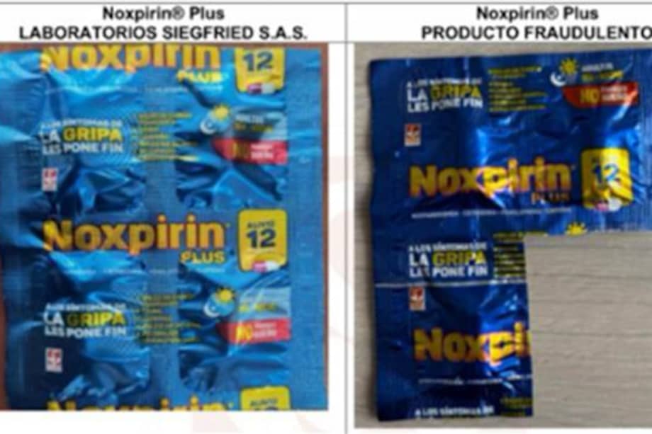 En esta imagen se aprecian las diferencias entre el producto original, autorizado por el Invima, y el producto falsificado, de origen desconocido.