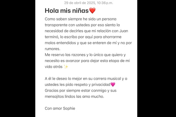 Este fue el mensaje que compartió Sophie Echeverry a través de su cuenta de Instagram.