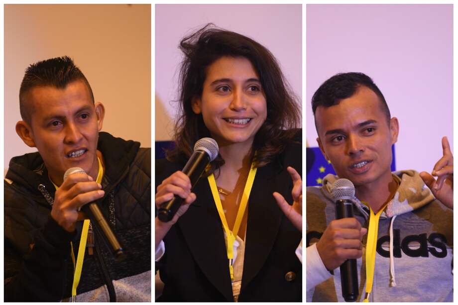 Alexánder Molina, presidente de la Junta de Acción Comunal de la vereda de Puerto Las Palmas, Tibú (Norte de Santander), Juliana Zárate, creadora de la aplicación de comida Mucho Colombia, y John García, presidente de la Junta de Acción Comunal de El Palmichal, Briceño (Antioquia).