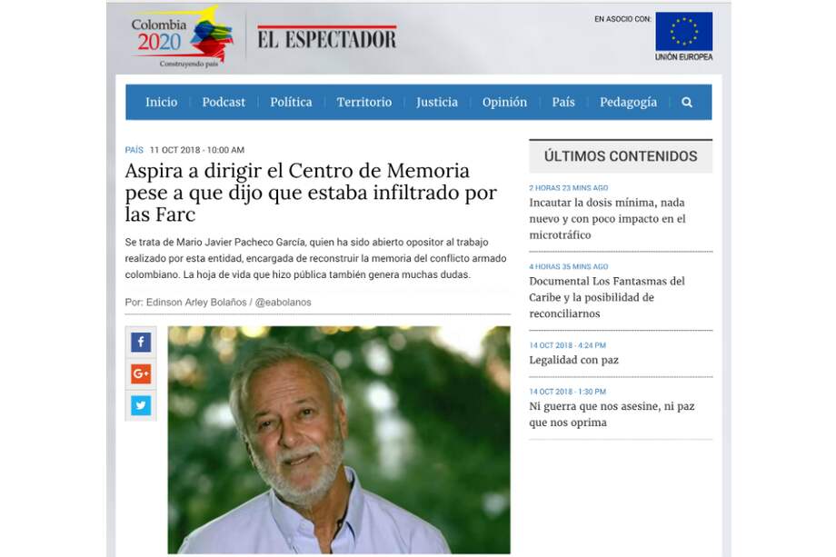 Publicación de El Espectador sobre el probable nombramiento de Mario Javier Pacheco como director del Centro Nacional de Memoria Histórica. / Pantallazo de Colombia 2020