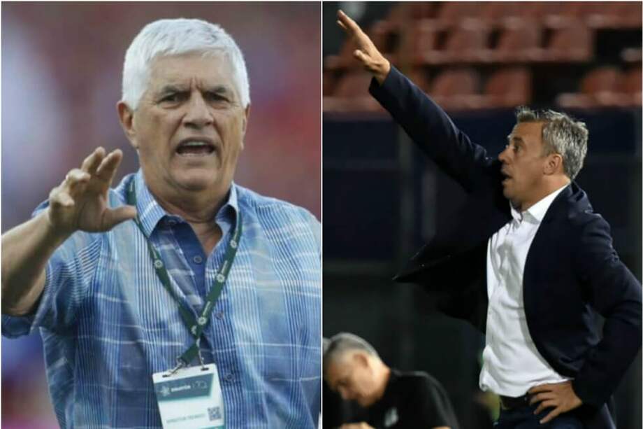 Julio Comesaña, entrenador del Júnior, y Lucas Pusineri, del Cali. / Archivo