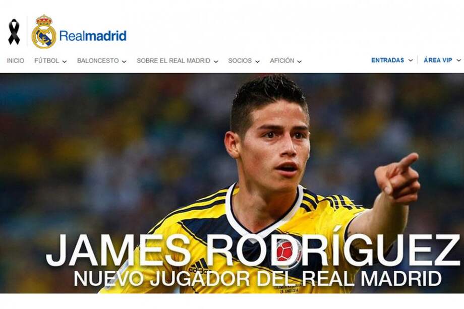 Así se ve este martes la página del Real Madrid, justo cuando se anunció la llegada de James Rodríguez.