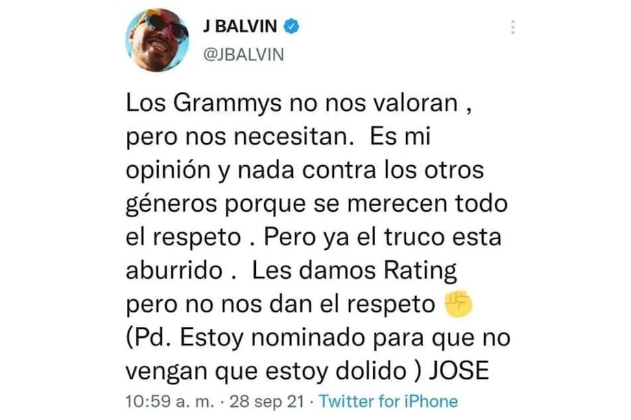Mensaje de J Balvin sobre los Grammy.
