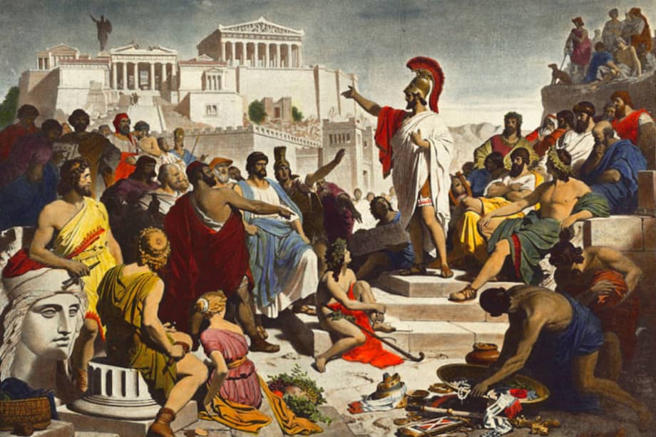 Esta imagen representa el discurso de Pericles, uno de los personajes que participó en los orígenes de la democracia ateniense.