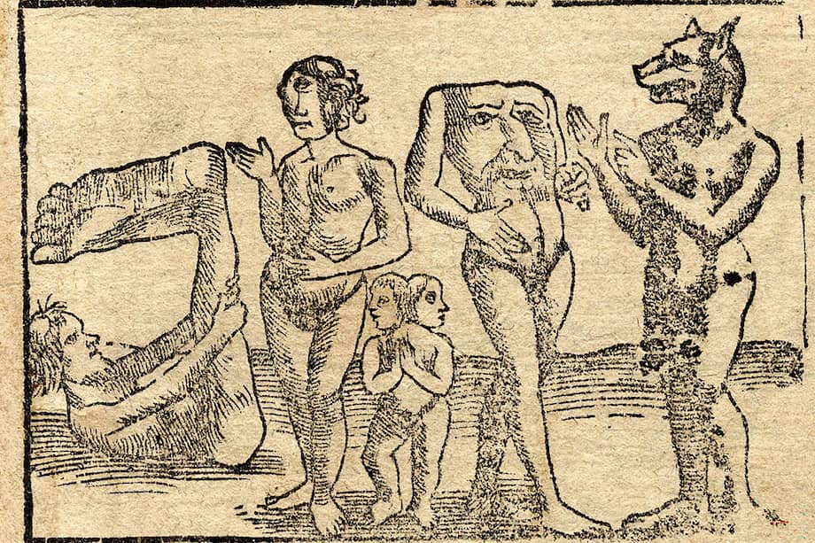 Xilografía de Sebastián Münster de 1544 que representa, de izquierda a derecha, un esciápodo, un cíclope, unos siameses, un blemio y un cinocéfalo.