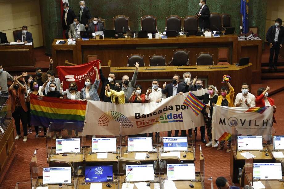Integrantes de diferentes movimientos sociales celebran la aprobación de un proyecto de ley para legalizar el matrimonio entre personas del mismo sexo en Chile.