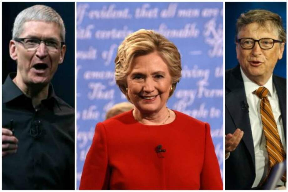 CEO de Apple, Tim Cook/Candidata demócrata Hillary Clinton/Bill Gates, CEO de Microsoft. - Fotos: Bloomberg-AFP