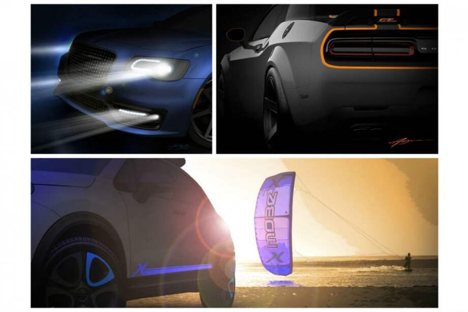 En la imagen aparece la versión especial del Chrysler 300, el Dodge Challenger y un Fiat 500X, personalizados. / EFE