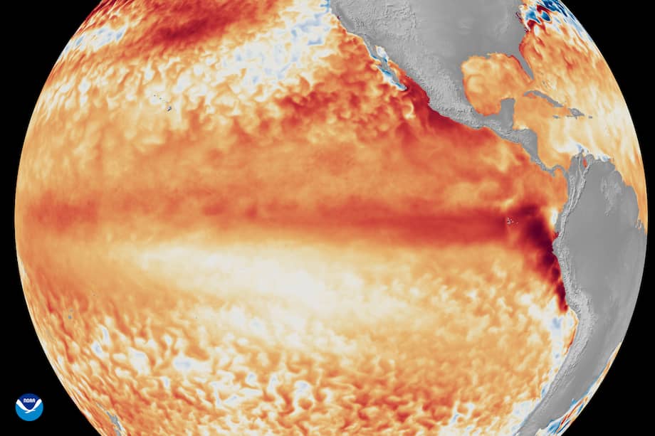 Imágenes de satélite que muestran la diferencia con respecto a las temperaturas medias de la superficie del mar en el ecuador, en el océano Pacífico tropical (representadas mediante distintos tonos de rojo y naranja que indican el calor), durante la primera semana de junio de 2026.