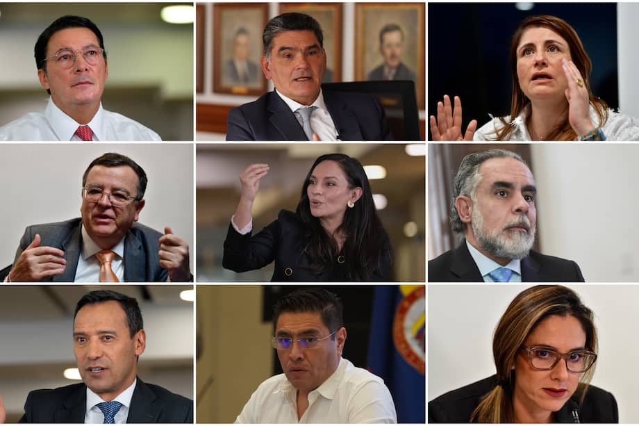 De arriba a abajo, de izquierda a derecha: Hernán Penagos, registrador; Gregorio Eljach, procurador; Iris Marín, defensora del Pueblo; Alejandro Ramelli, presidente de la JEP; Diana Guzmán, directora de Dejusticia; Armando Benedetti, ministro del Interior; Pedro Sánchez, ministro de Defensa; Cristian Quiroz; presidente del Consejo Nacional Electoral; Natalia Gutiérrez, presidenta del Consejo Gremial.